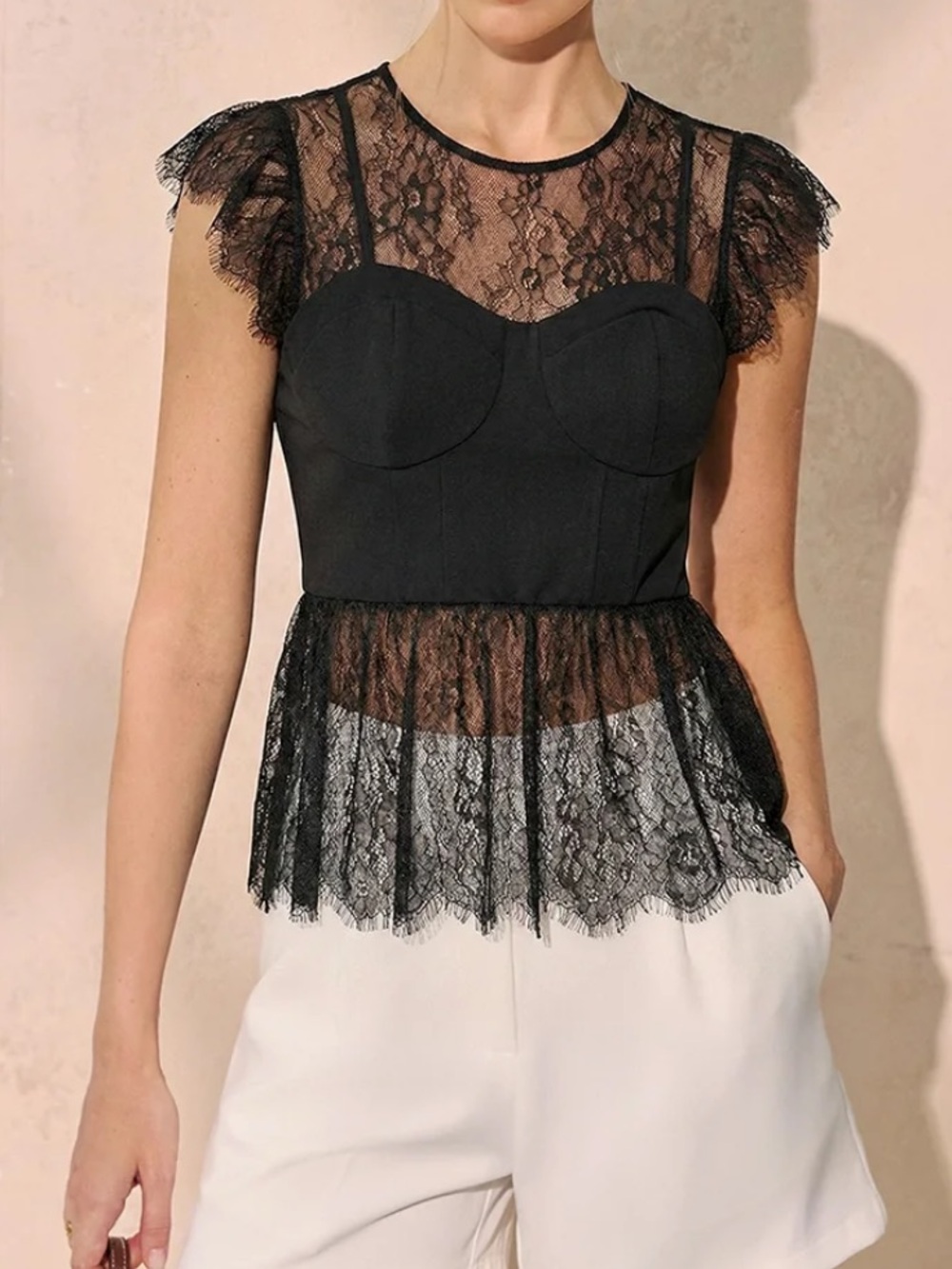 Commense Lace Peplum Camisole Top - Black Size S